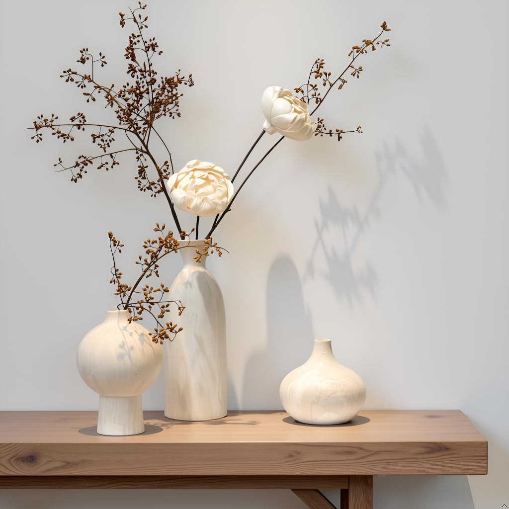 Woosline Ceramic Vase Set of 3 – White & Beige, Stone-Look Texture