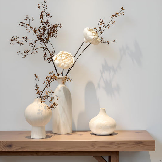 Woosline Ceramic Vase Set of 3 – White & Beige, Stone-Look Texture