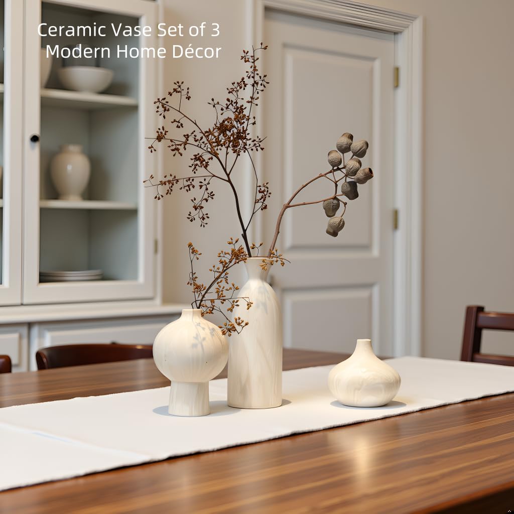 Woosline Ceramic Vase Set of 3 – White & Beige, Stone-Look Texture