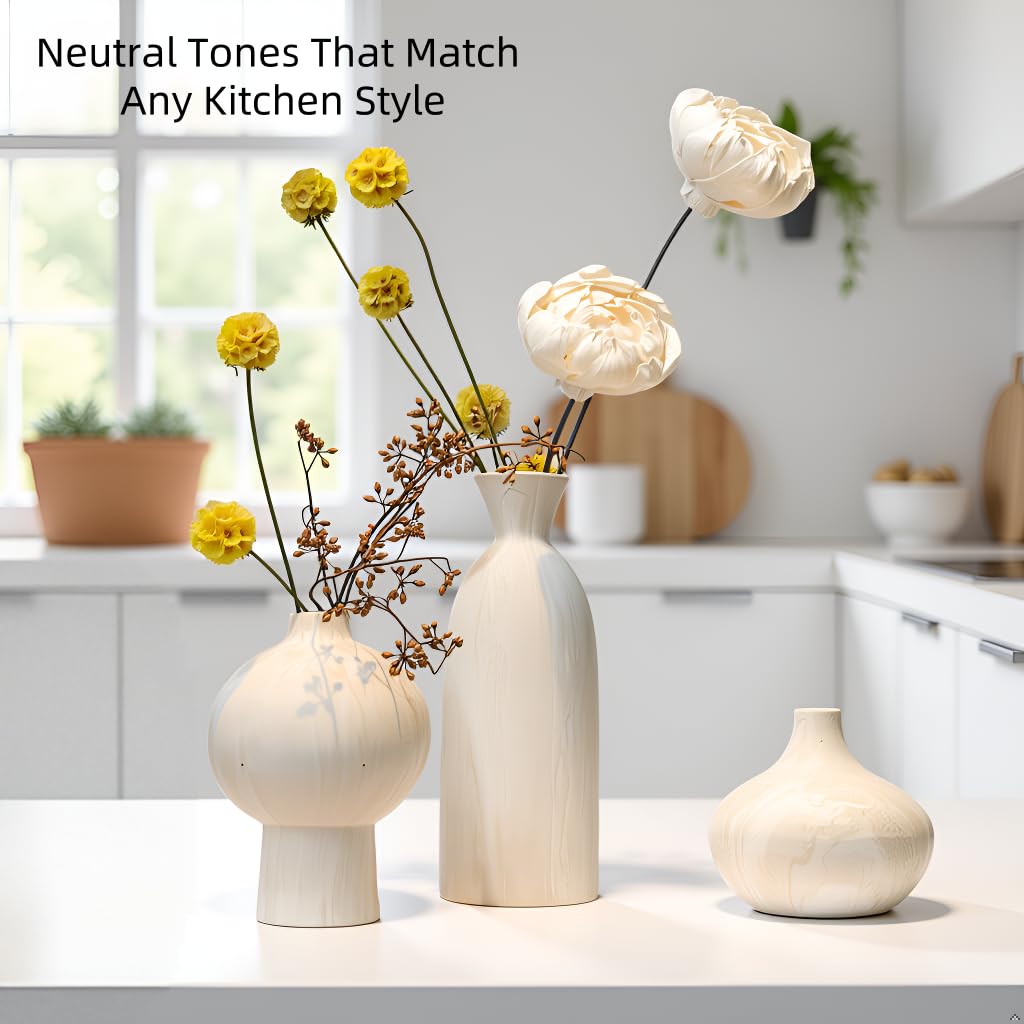 Woosline Ceramic Vase Set of 3 – White & Beige, Stone-Look Texture