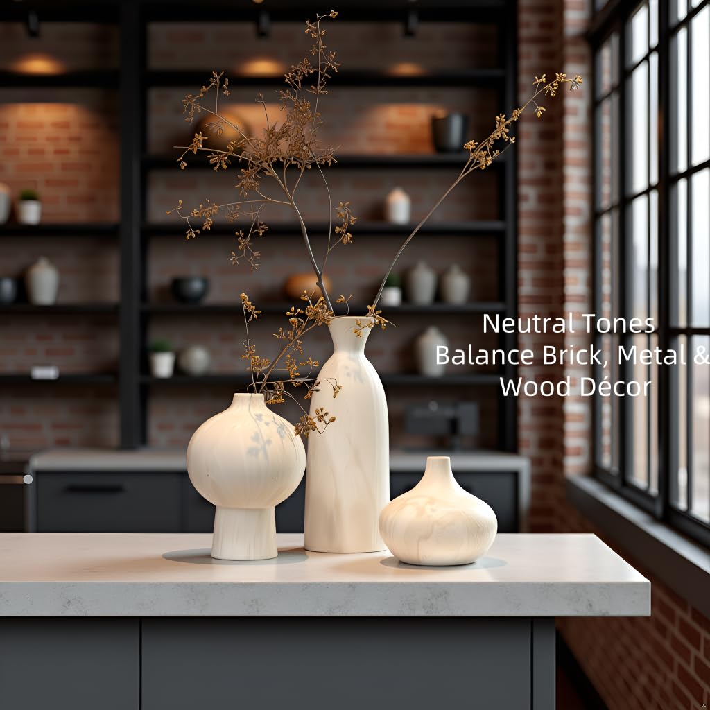 Woosline Ceramic Vase Set of 3 – White & Beige, Stone-Look Texture