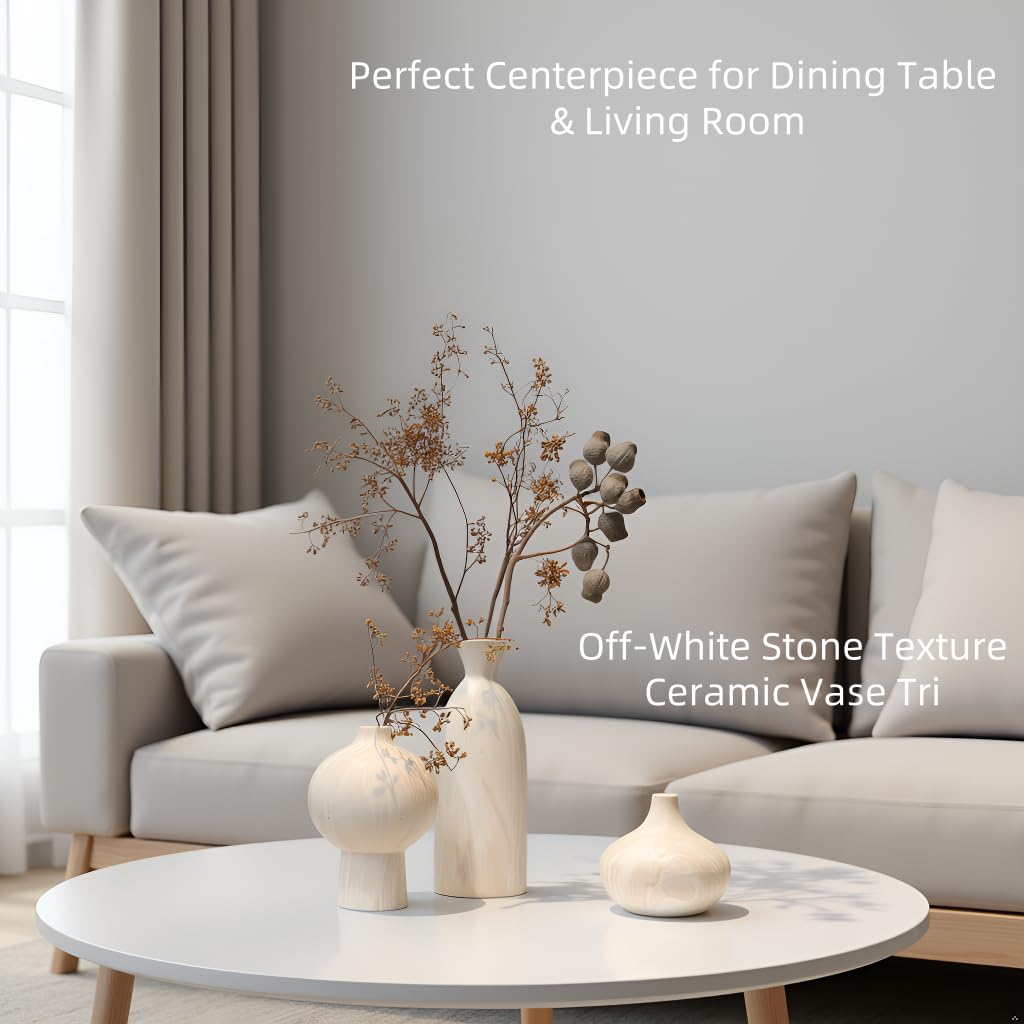 Woosline Ceramic Vase Set of 3 – White & Beige, Stone-Look Texture