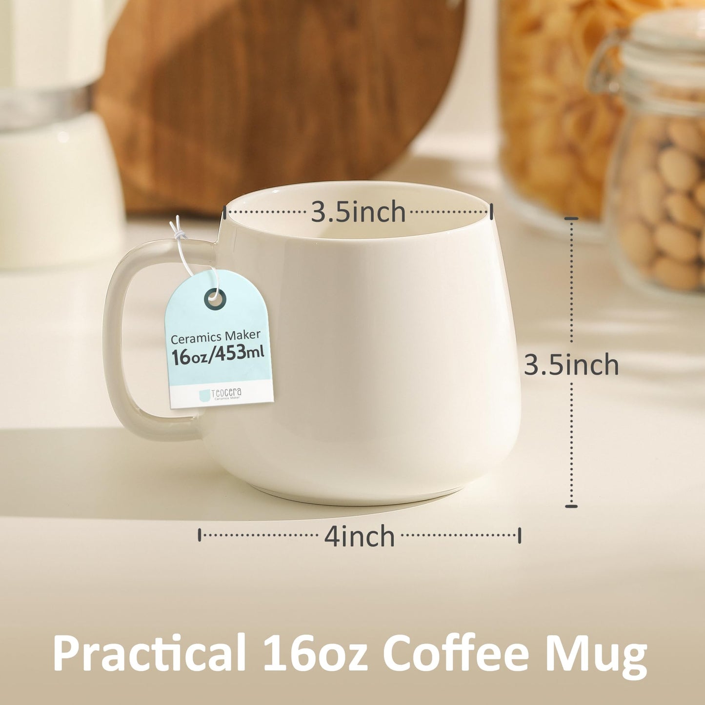 Woosline 16oz Stackable Ceramic Coffee Mugs – Set of 4, White