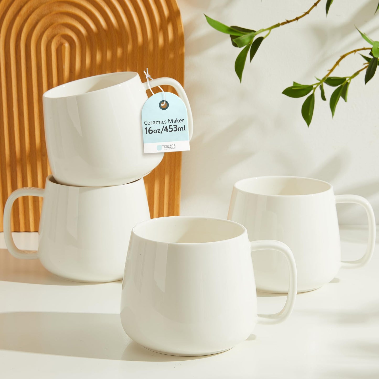 Woosline 16oz Stackable Ceramic Coffee Mugs – Set of 4, White