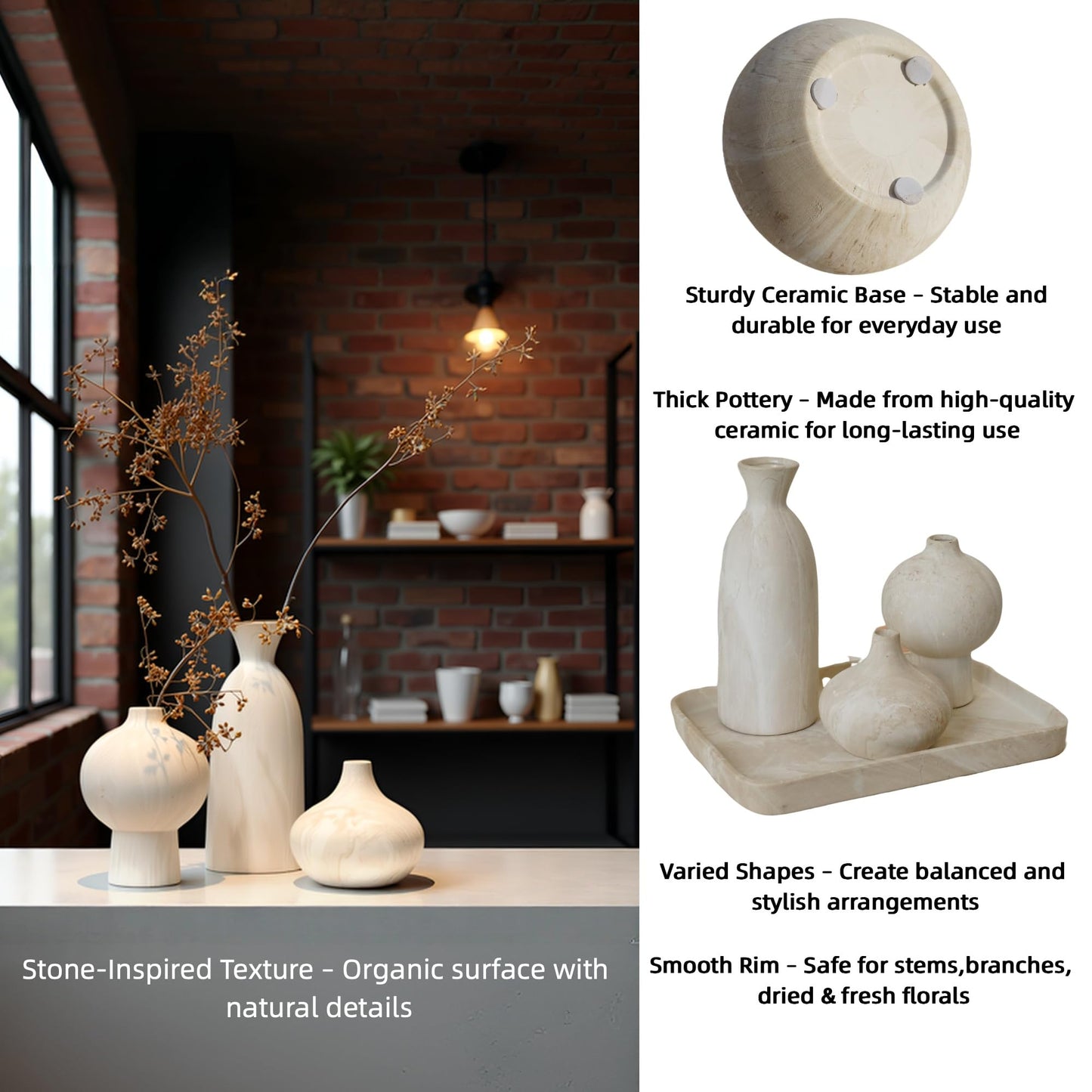 Woosline Ceramic Vase Set of 3 – White & Beige, Stone-Look Texture