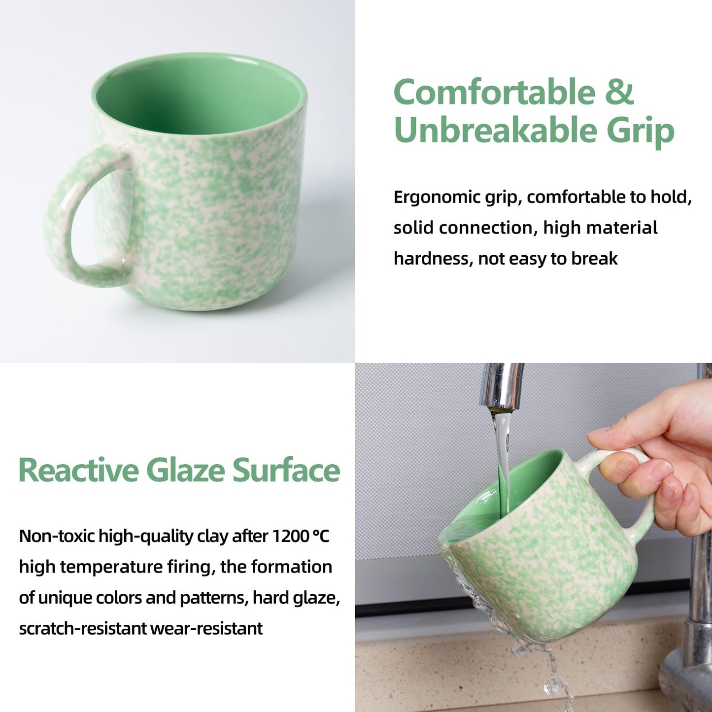 Woosline 12oz Ceramic Coffee Mugs – Set of 4, Green