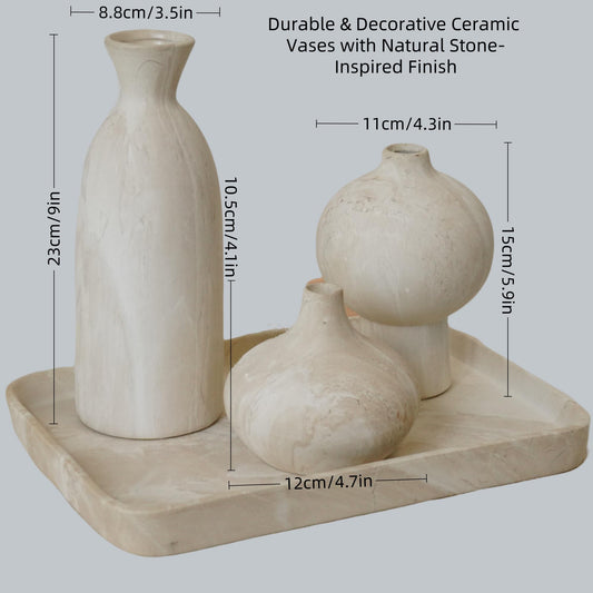 Woosline Ceramic Vase Set of 3 – White & Beige, Stone-Look Texture