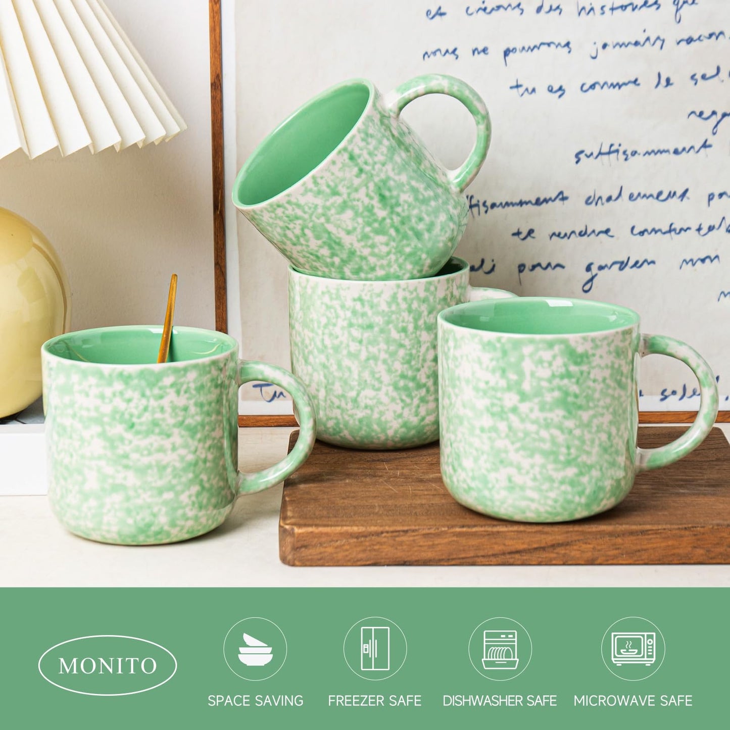 Woosline 12oz Ceramic Coffee Mugs – Set of 4, Green