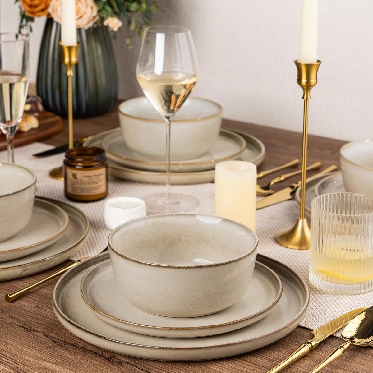 Woosline Stoneware Dinnerware Set – Reactive Glaze, Service for 8