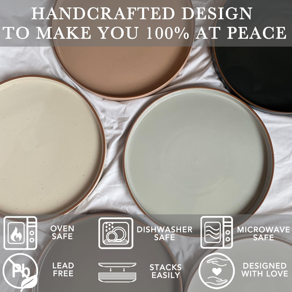 Woosline Ceramic Flat Plates – Set of 6, 8 Inch, Neutral Colors