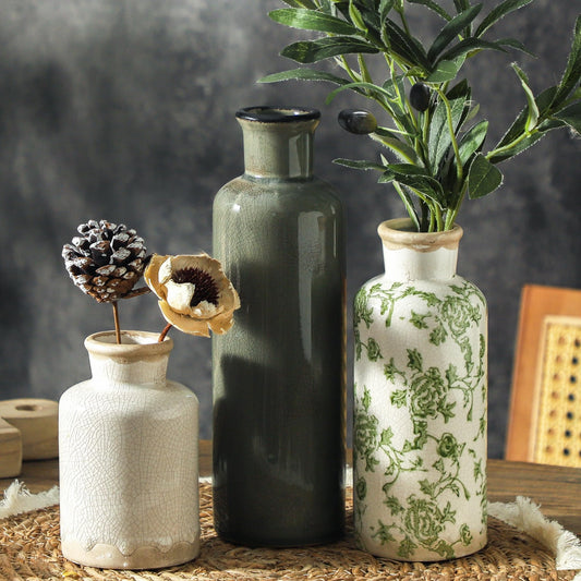 Woosline Vintage Ceramic Flower Vase Set of 3 – Chinoiserie, Green & Beige