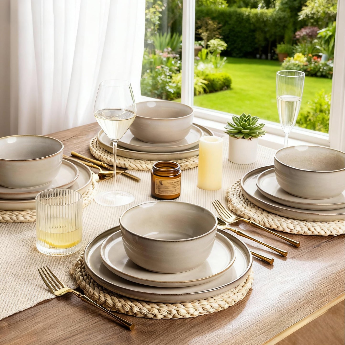 Woosline Stoneware Dinnerware Set – Reactive Glaze, Service for 8