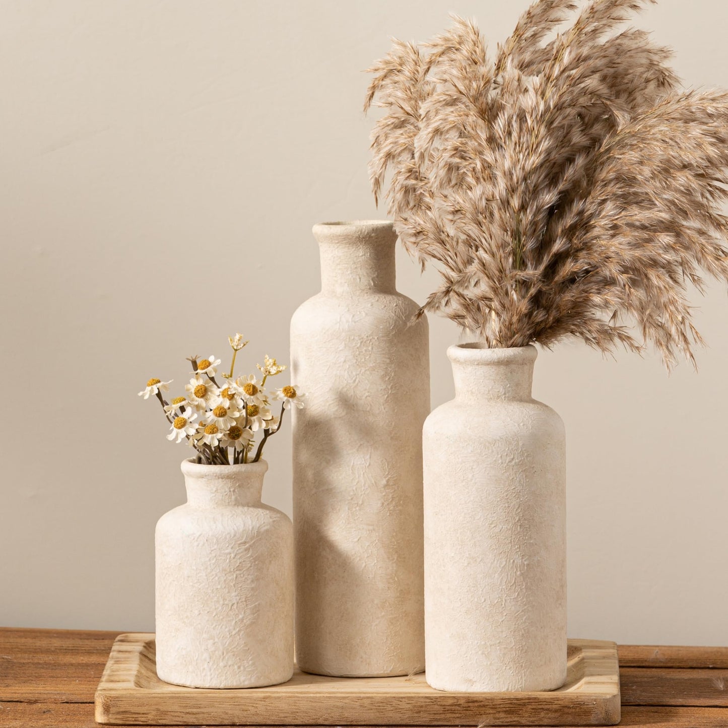 Woosline Ceramic Vases Set of 3 – Whitewashed Neutral, Farmhouse Decor