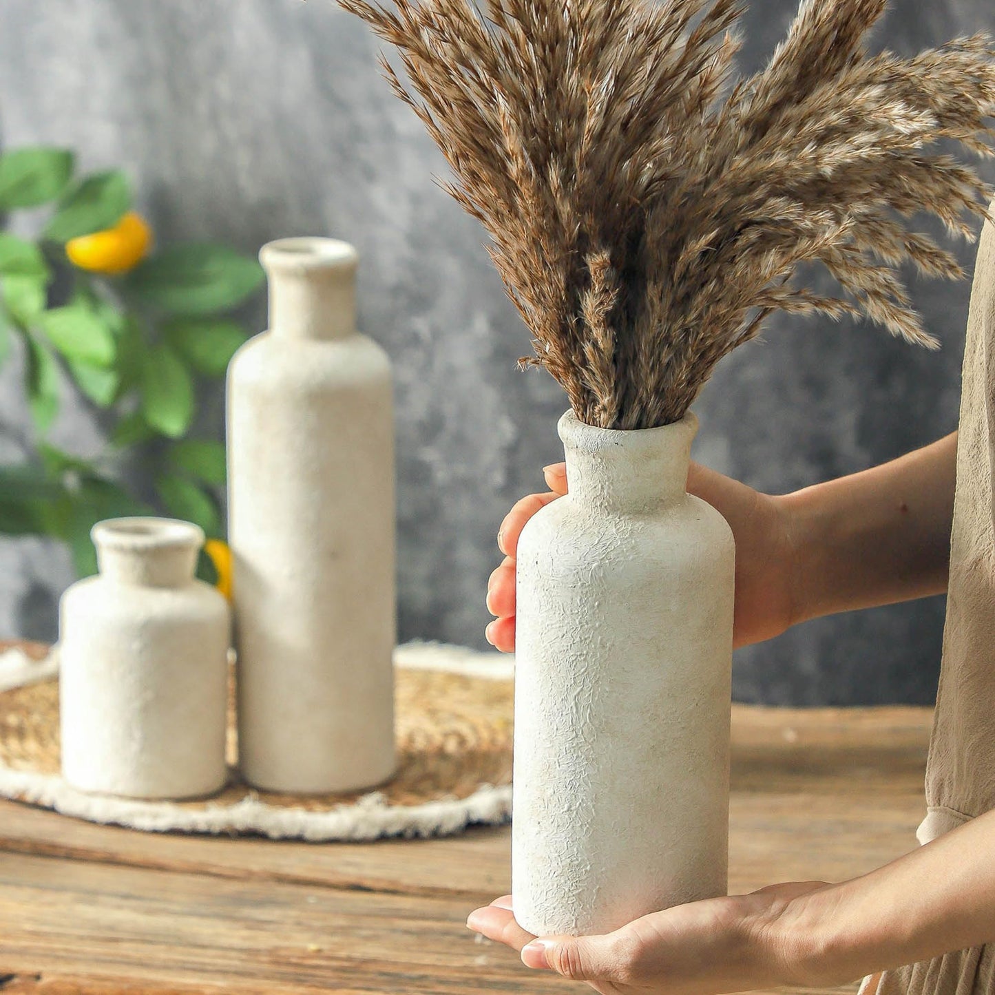 Woosline Ceramic Vases Set of 3 – Whitewashed Neutral, Farmhouse Decor