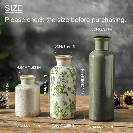 Woosline Vintage Ceramic Flower Vase Set of 3 – Chinoiserie, Green & Beige