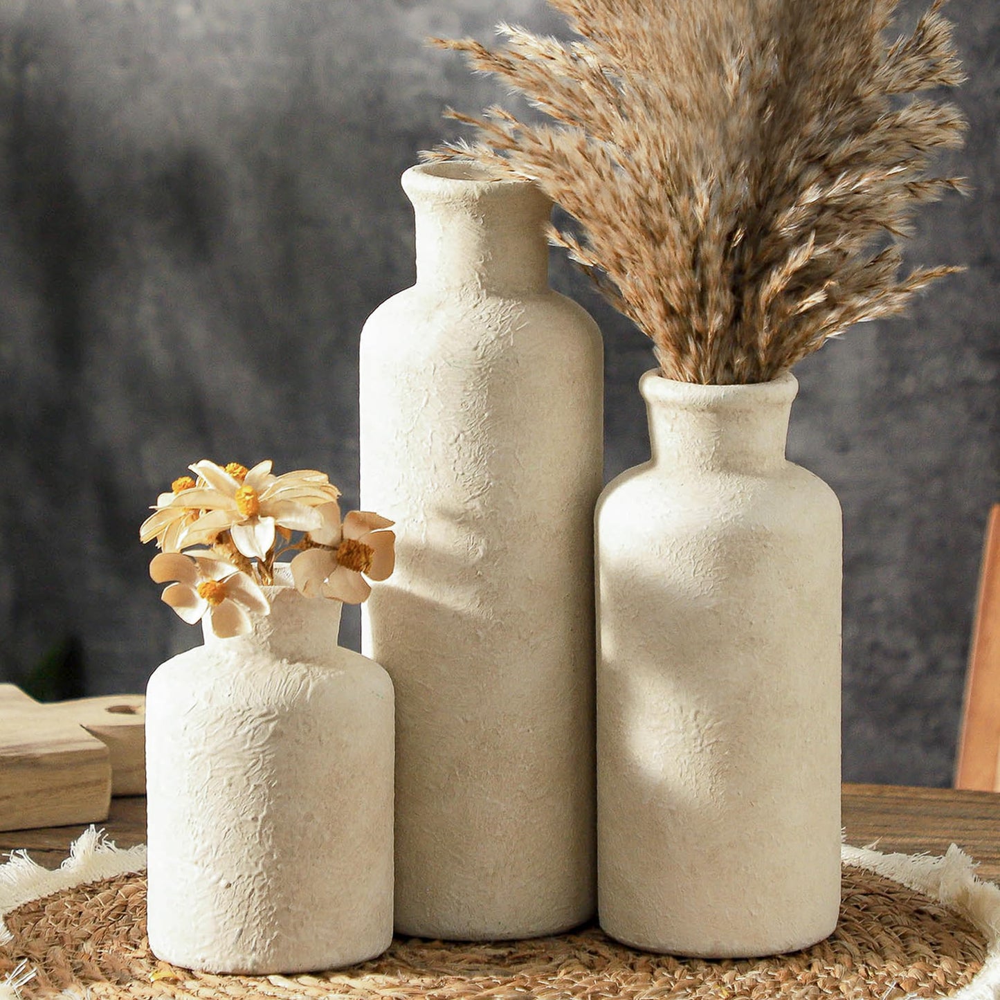 Woosline Ceramic Vases Set of 3 – Whitewashed Neutral, Farmhouse Decor