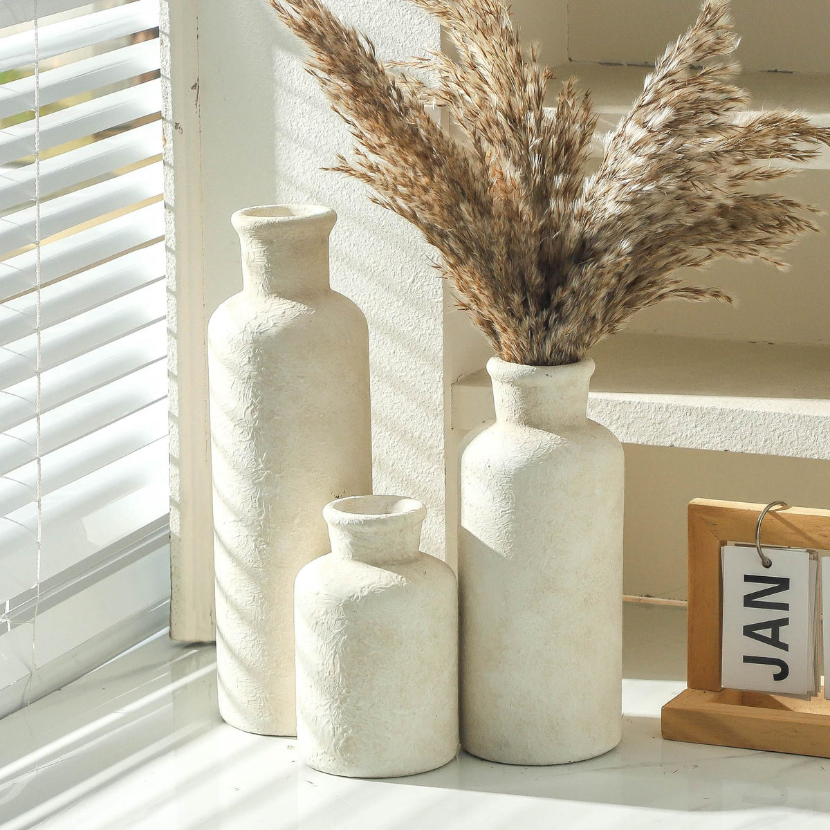 Woosline Ceramic Vases Set of 3 – Whitewashed Neutral, Farmhouse Decor