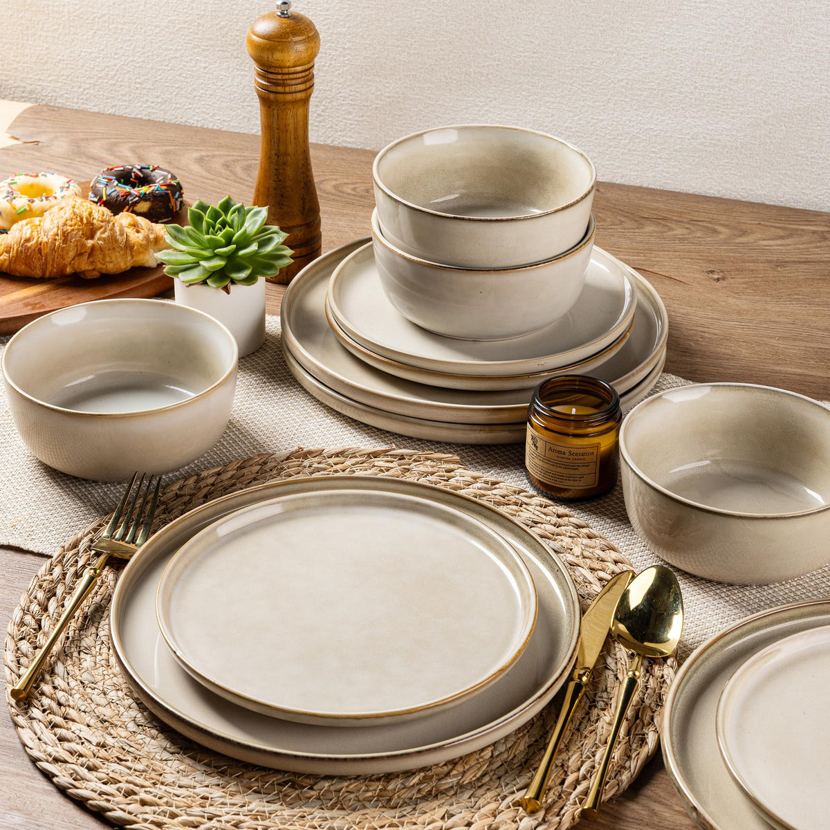 Woosline Stoneware Dinnerware Set – Reactive Glaze, Service for 8